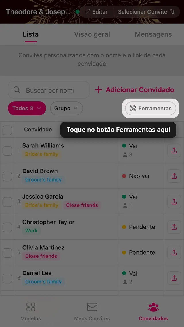 O botão Ferramentas no fim da linha de filtros do gerenciador de convidados