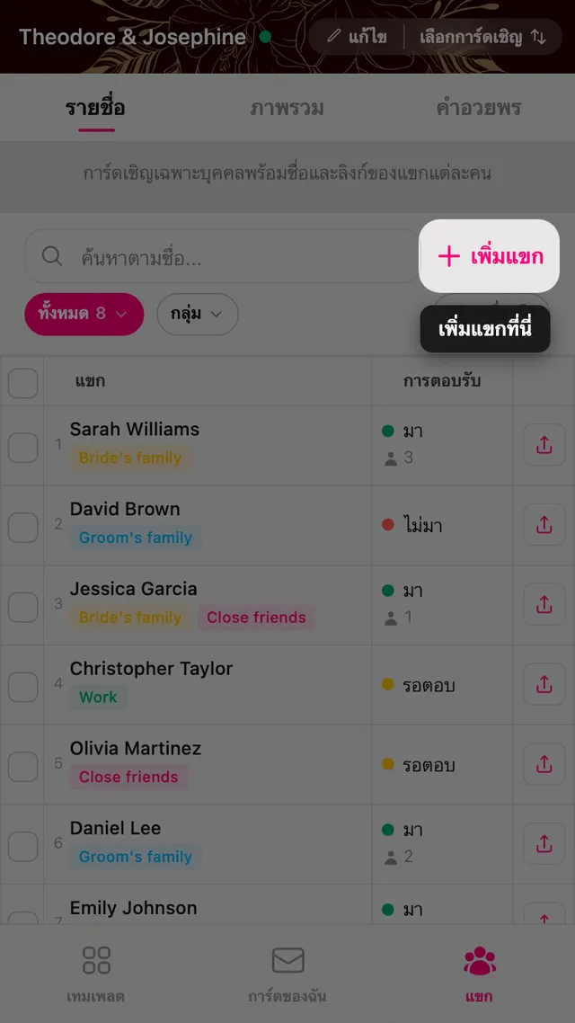 ปุ่มเพิ่มแขกที่ด้านบนของรายชื่อแขก