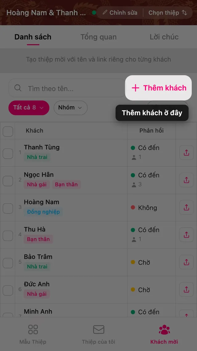 Nút Thêm khách ở đầu danh sách khách mời