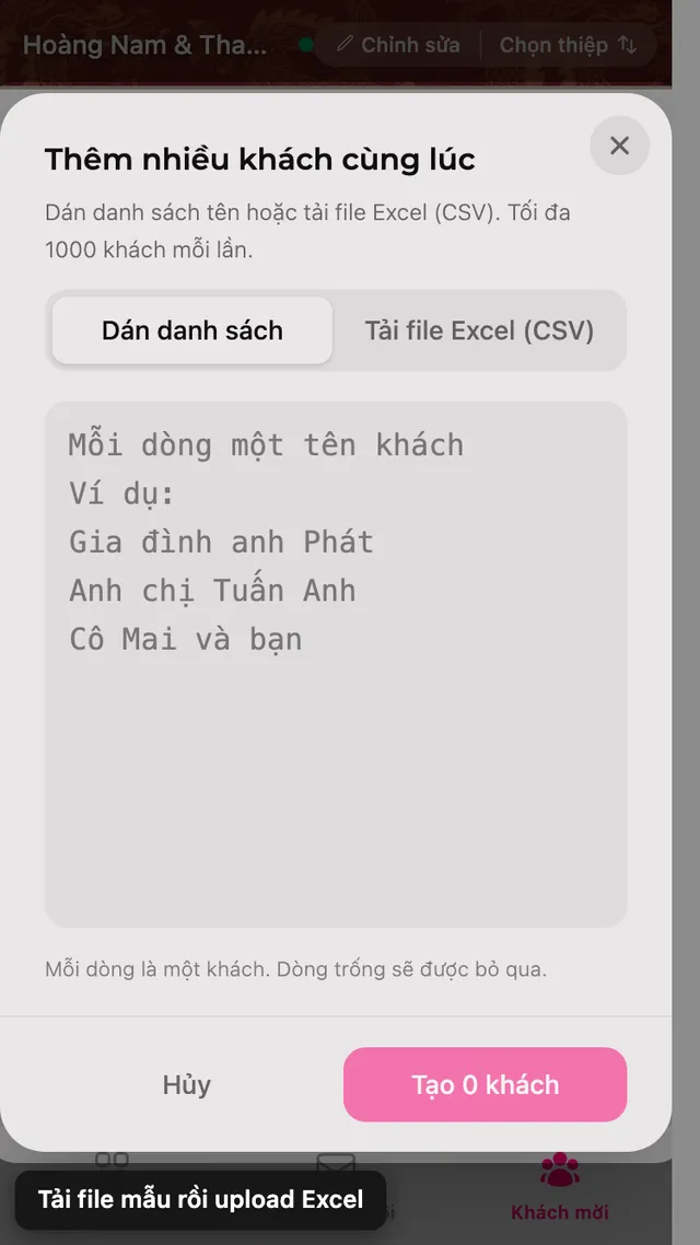 Bảng thêm nhiều khách, có tab dán danh sách và tab tải file Excel