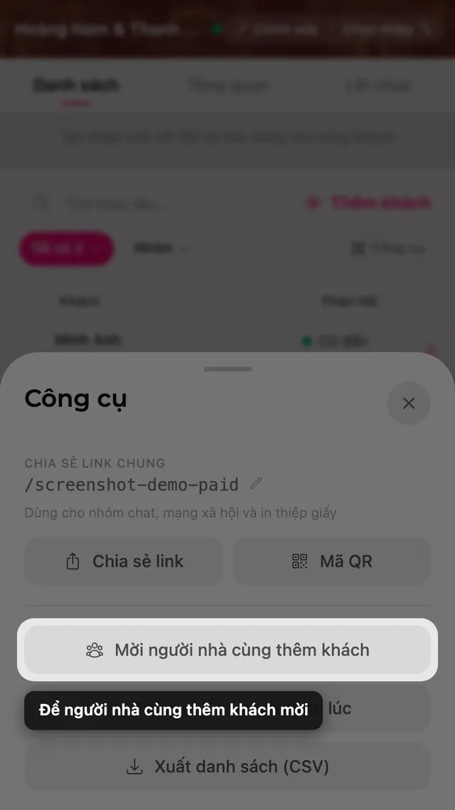 Nút mời người nhà cùng thêm khách trong bảng Công cụ
