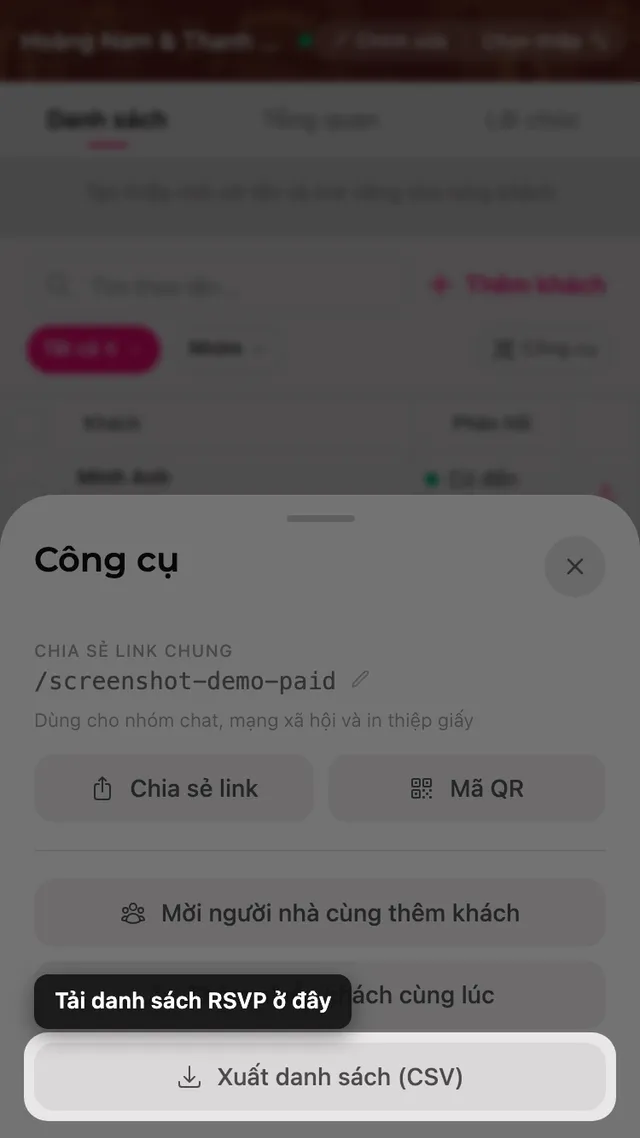 Nút xuất danh sách trong bảng Công cụ