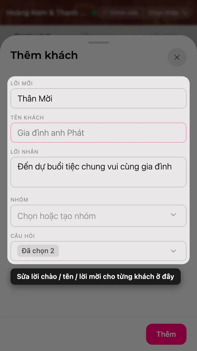Form khách mời với các ô lời mời, tên khách, lời nhắn, nhóm và câu hỏi