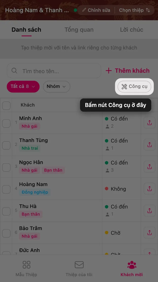 Nút Công cụ ở cuối hàng lọc trong trang Khách mời