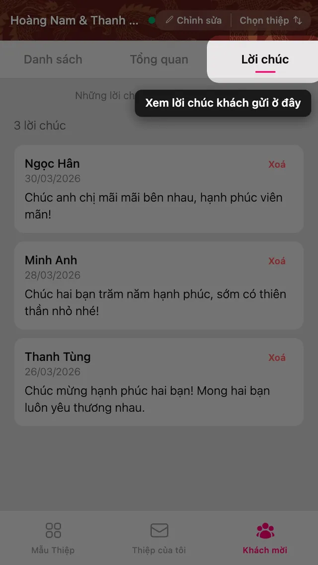Tab Lời chúc, hiện những lời nhắn khách gửi trên thiệp