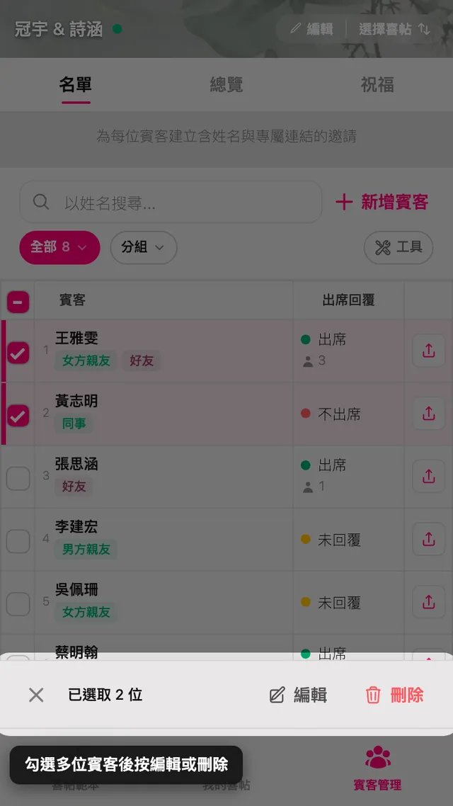 勾選兩列賓客後，下方出現的編輯與刪除工具列