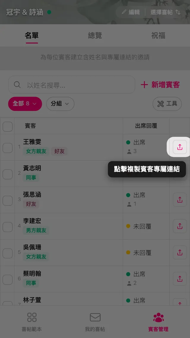 賓客列最後的複製按鈕