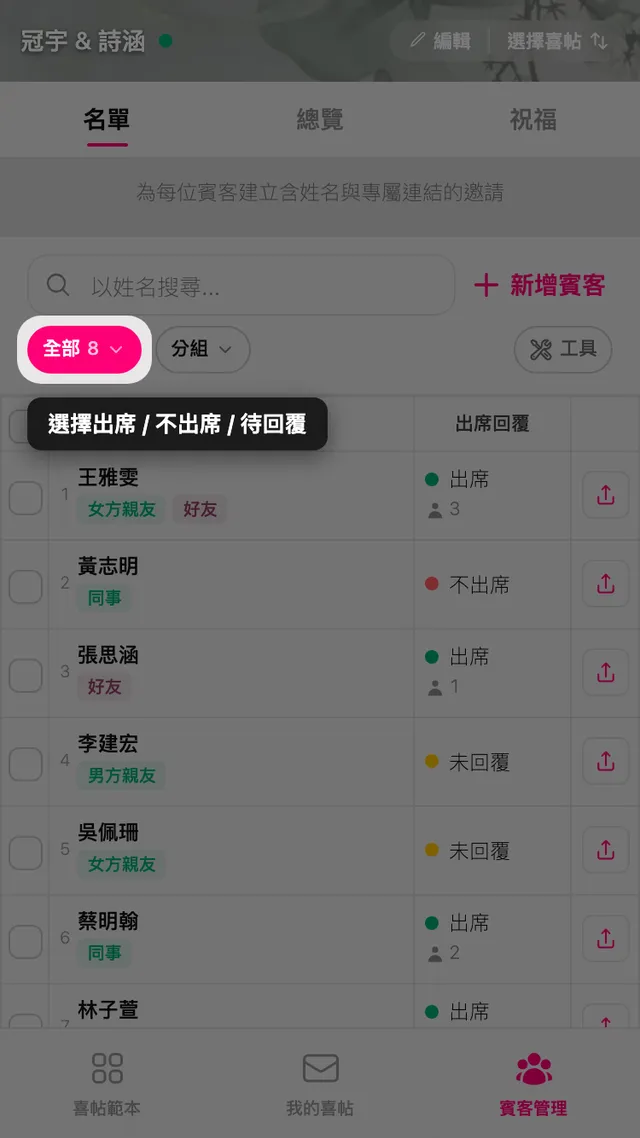 賓客名單上方的回覆篩選膠囊