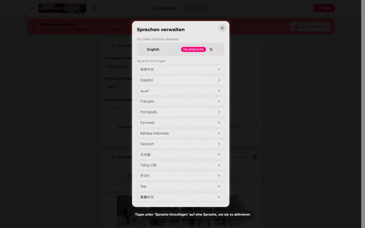 Der Sprachbereich mit der Liste Sprache hinzufügen