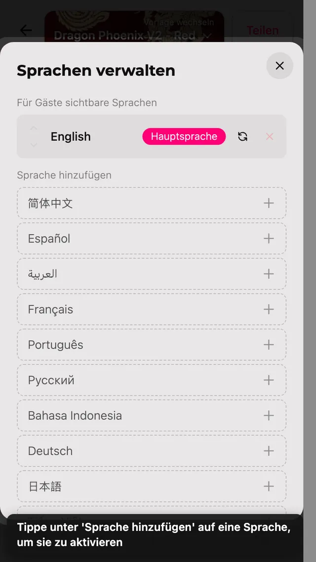 Der Sprachbereich mit der Liste Sprache hinzufügen