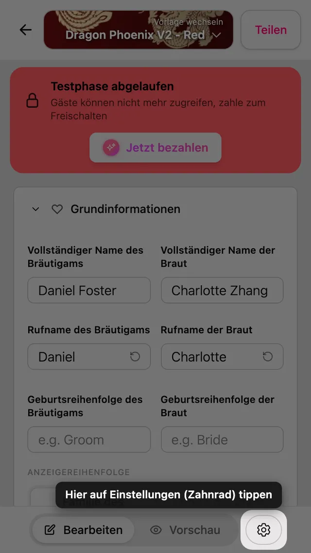 Das Einstellungs-Zahnrad oben im Editor