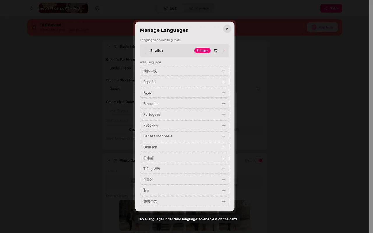 The language panel with the Add language list