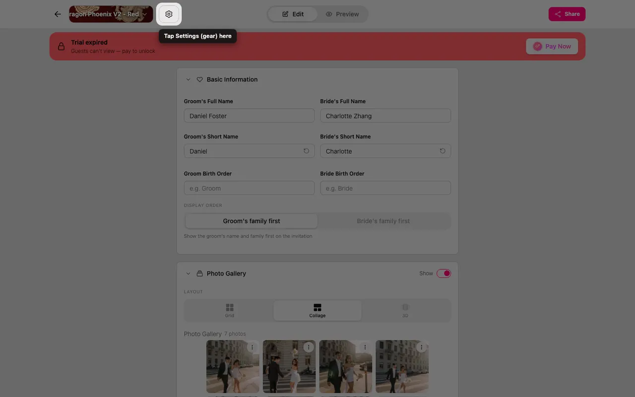 The settings gear at the top of the editor