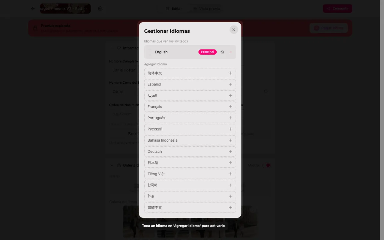 El panel de idiomas con la lista Añadir idioma