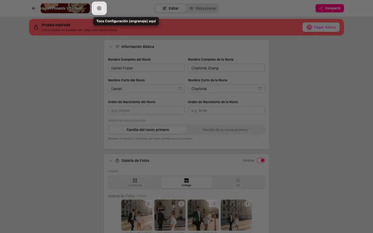 La rueda de ajustes en la parte superior del editor
