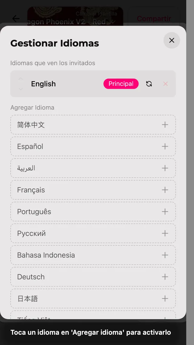 El panel de idiomas con la lista Añadir idioma
