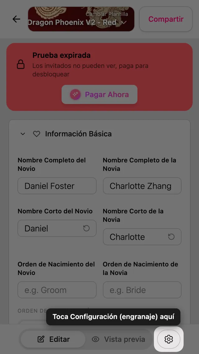 La rueda de ajustes en la parte superior del editor