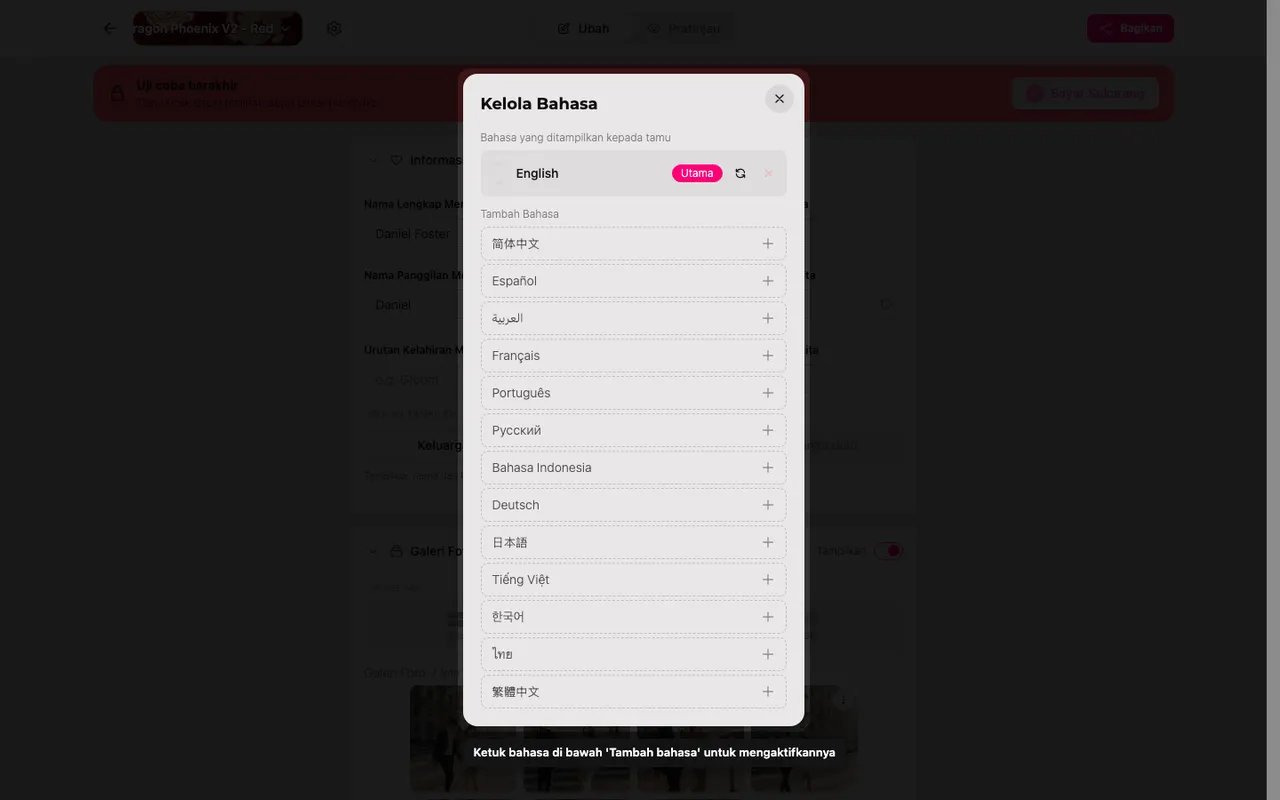 Panel bahasa dengan daftar Tambah bahasa