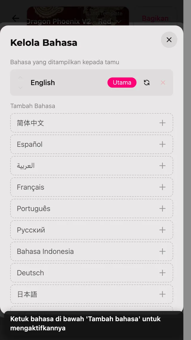 Panel bahasa dengan daftar Tambah bahasa