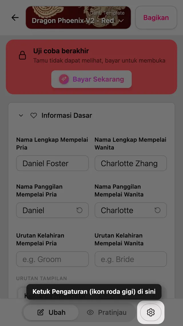Ikon roda gigi pengaturan di bagian atas editor