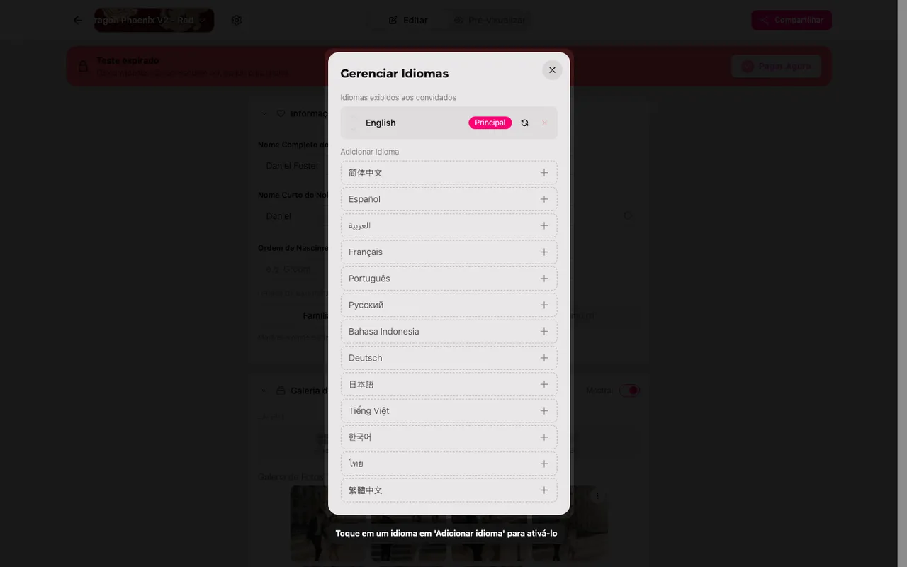 O painel de idiomas com a lista Adicionar idioma