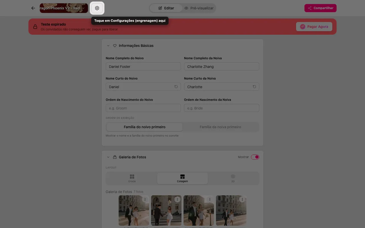 A engrenagem de configurações no topo do editor
