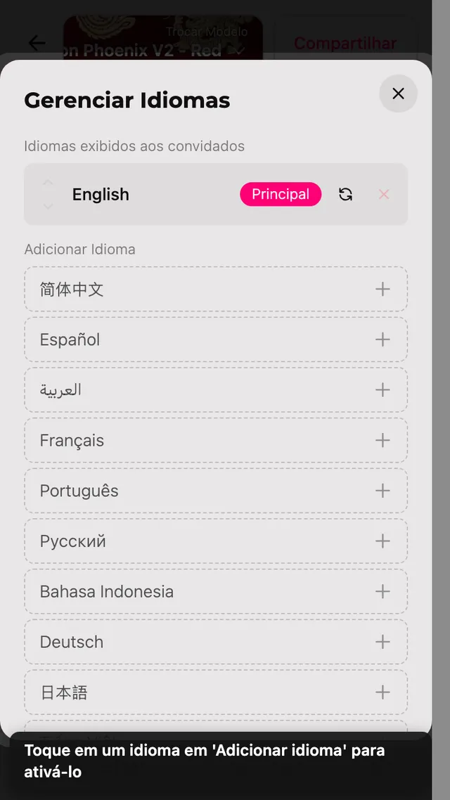 O painel de idiomas com a lista Adicionar idioma