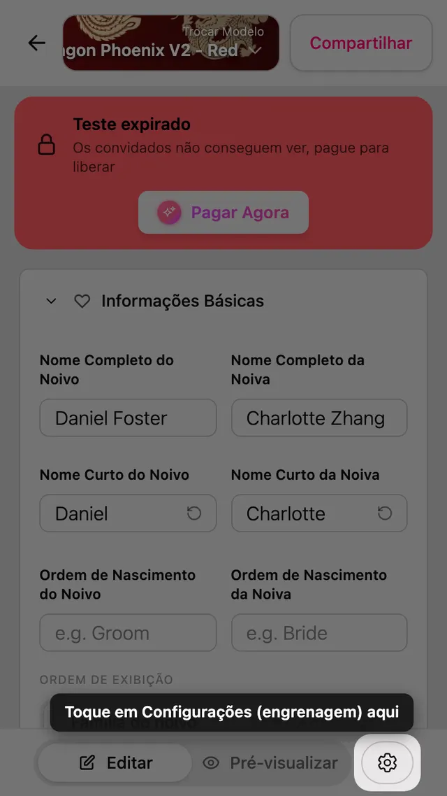 A engrenagem de configurações no topo do editor