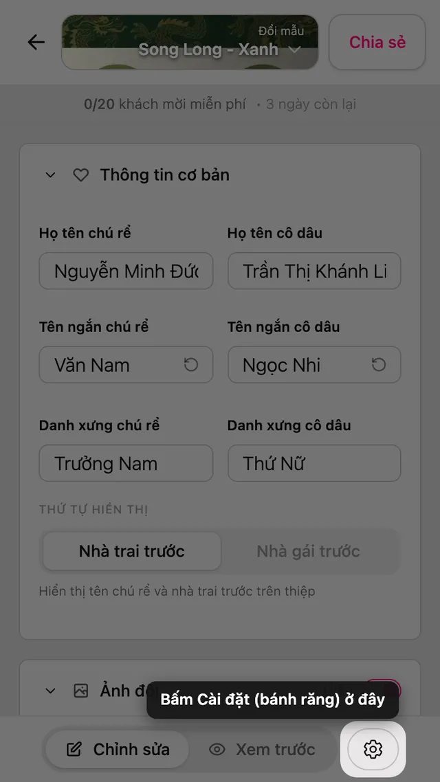 Nút Cài đặt hình bánh răng ở đầu trình chỉnh sửa