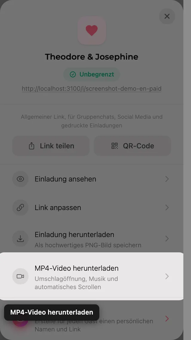 Die Schaltfläche zum Herunterladen des MP4-Videos im Teilen-Fenster