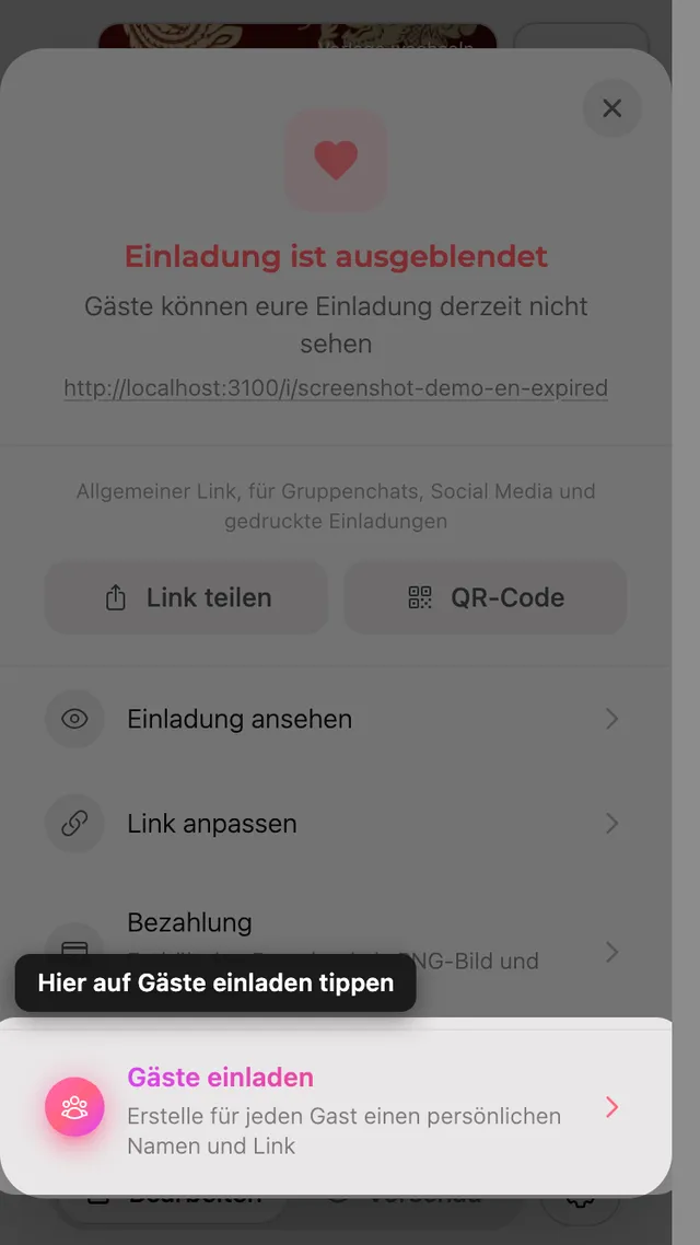 Die Option zum Einladen der Gäste im Teilen-Fenster