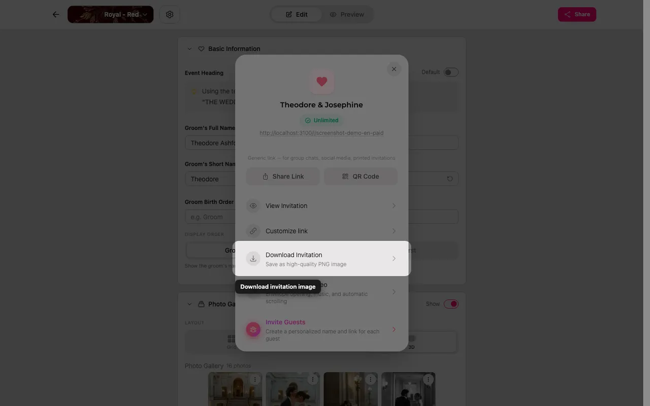 The download image button in the Share panel