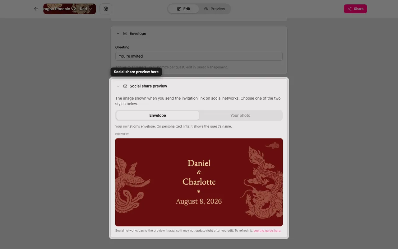 The social share preview section in the editor
