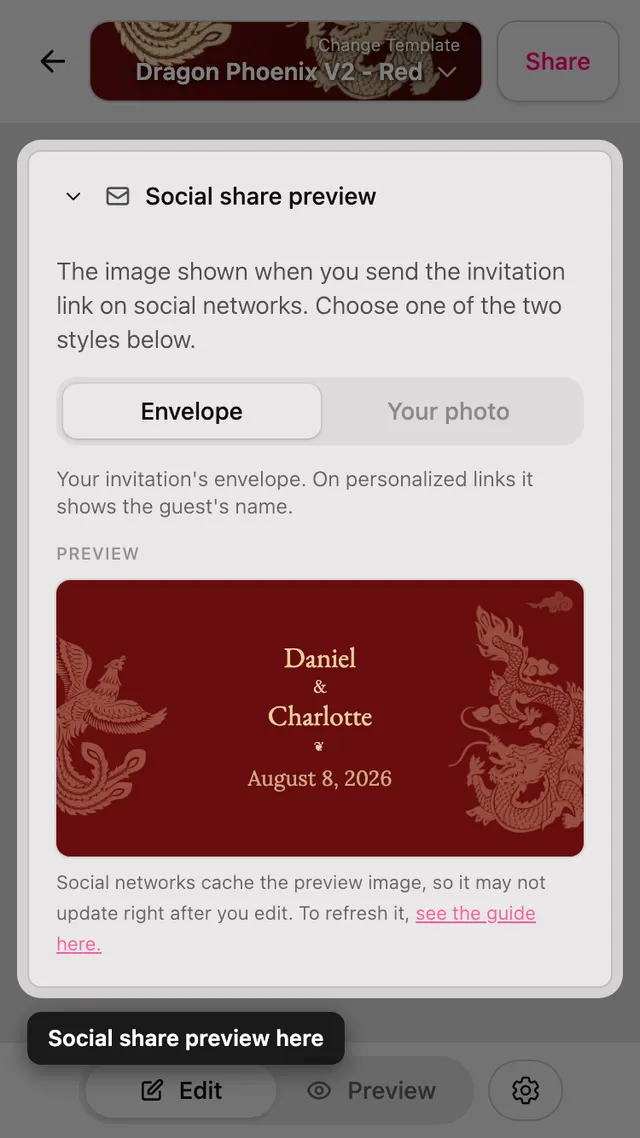 The social share preview section in the editor
