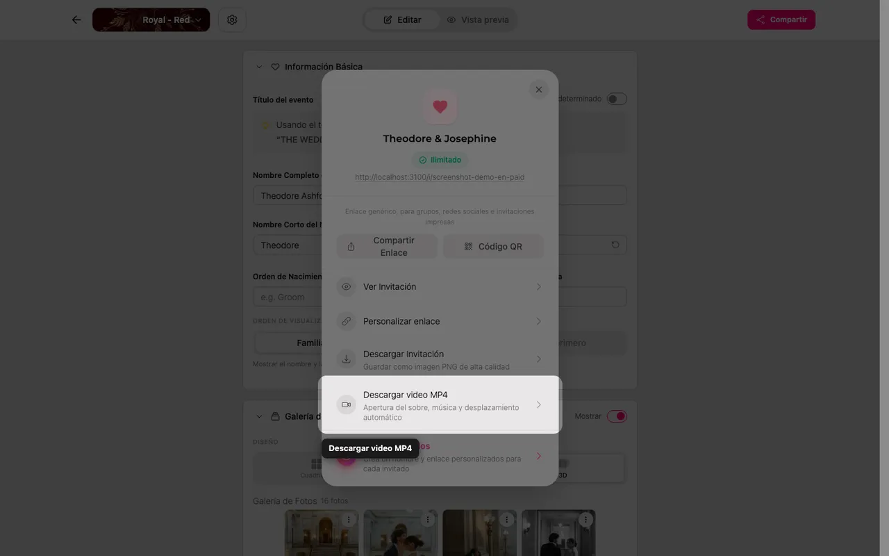 El botón de descargar vídeo MP4 en el panel Compartir