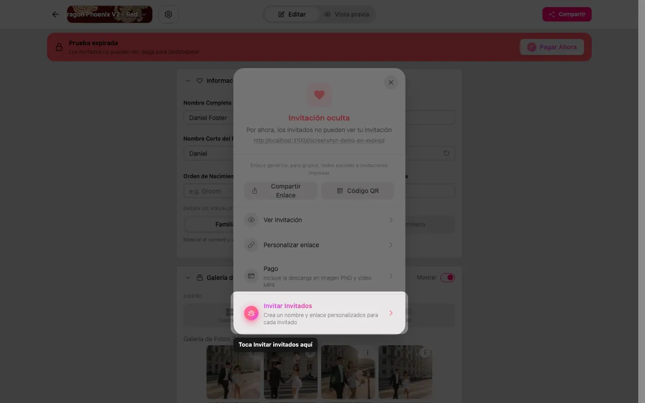 La opción de invitar en el panel Compartir