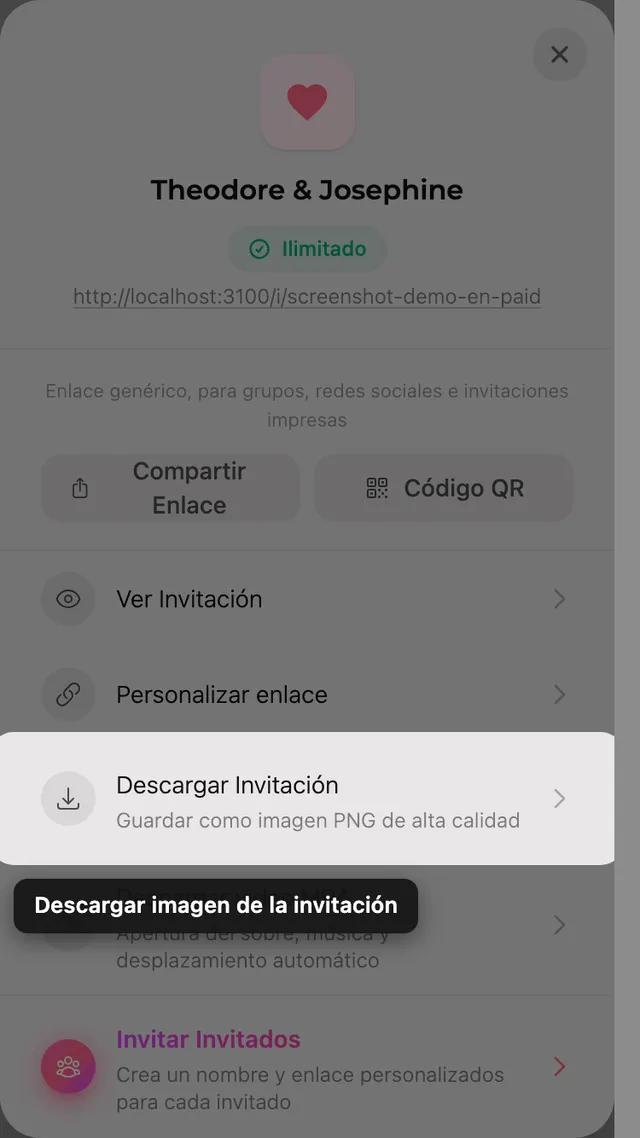 El botón de descargar imagen en el panel Compartir
