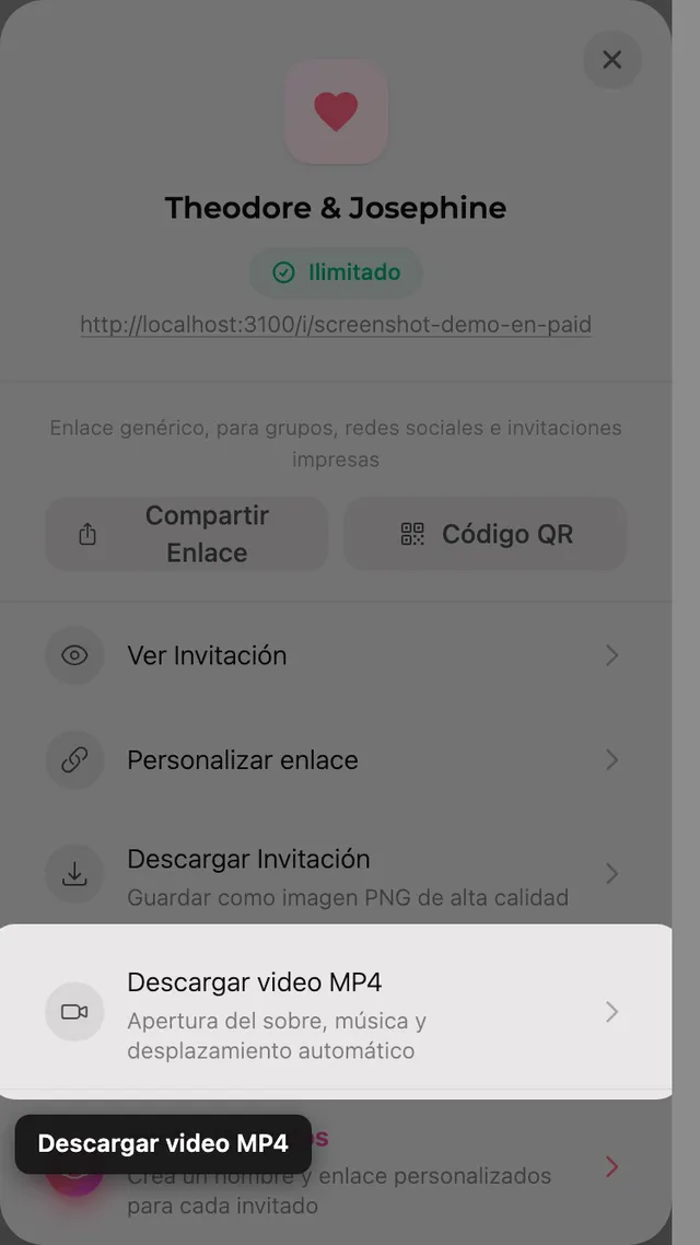 El botón de descargar vídeo MP4 en el panel Compartir