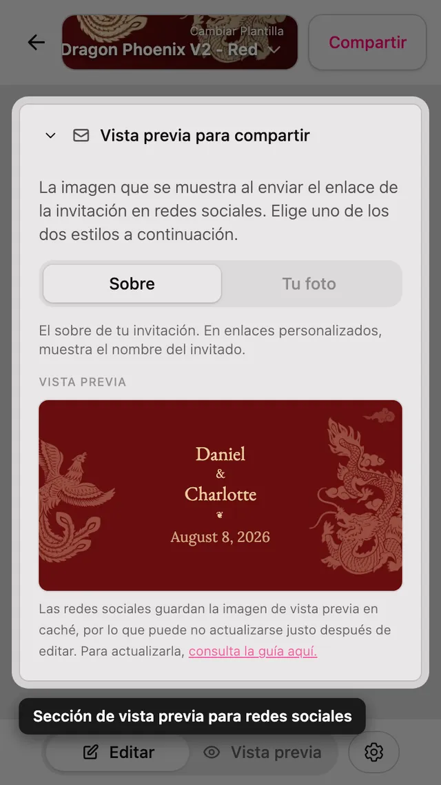 La sección de imagen de vista previa en el editor