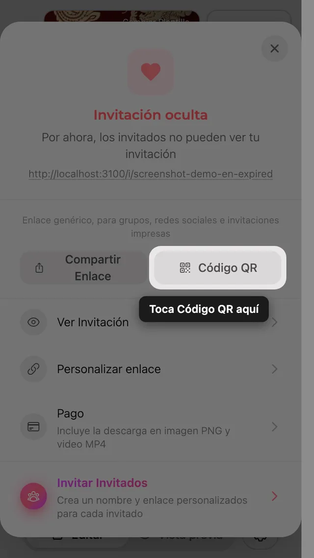 El código QR en el panel Compartir