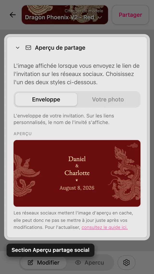 La section aperçu de partage dans l'éditeur