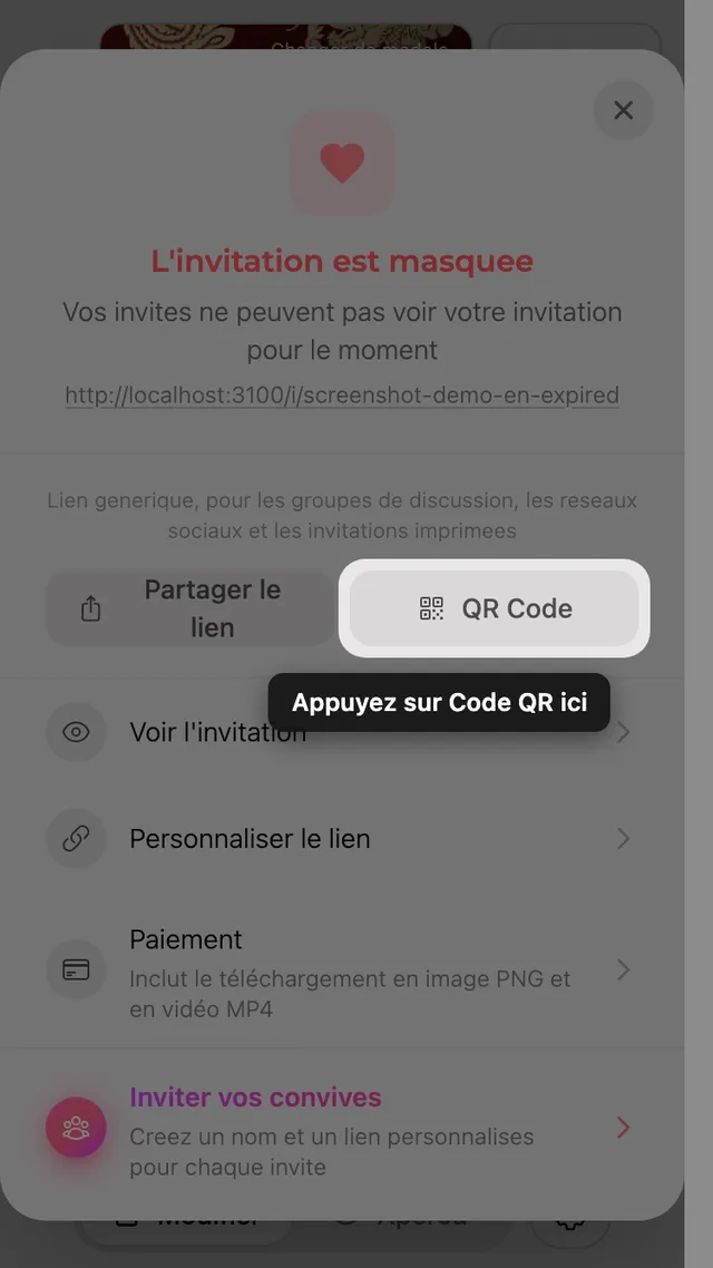 Le QR code dans le panneau Partager
