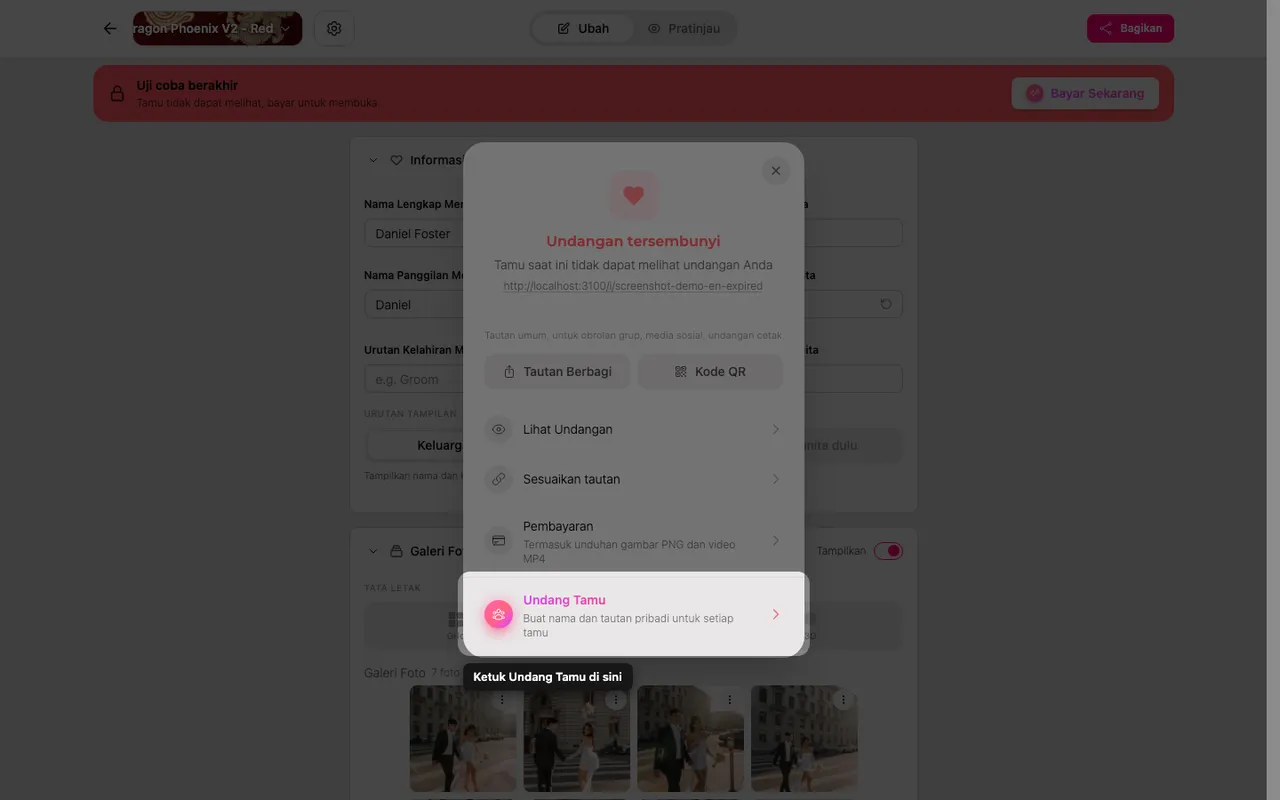 Pilihan mengundang tamu di panel Bagikan