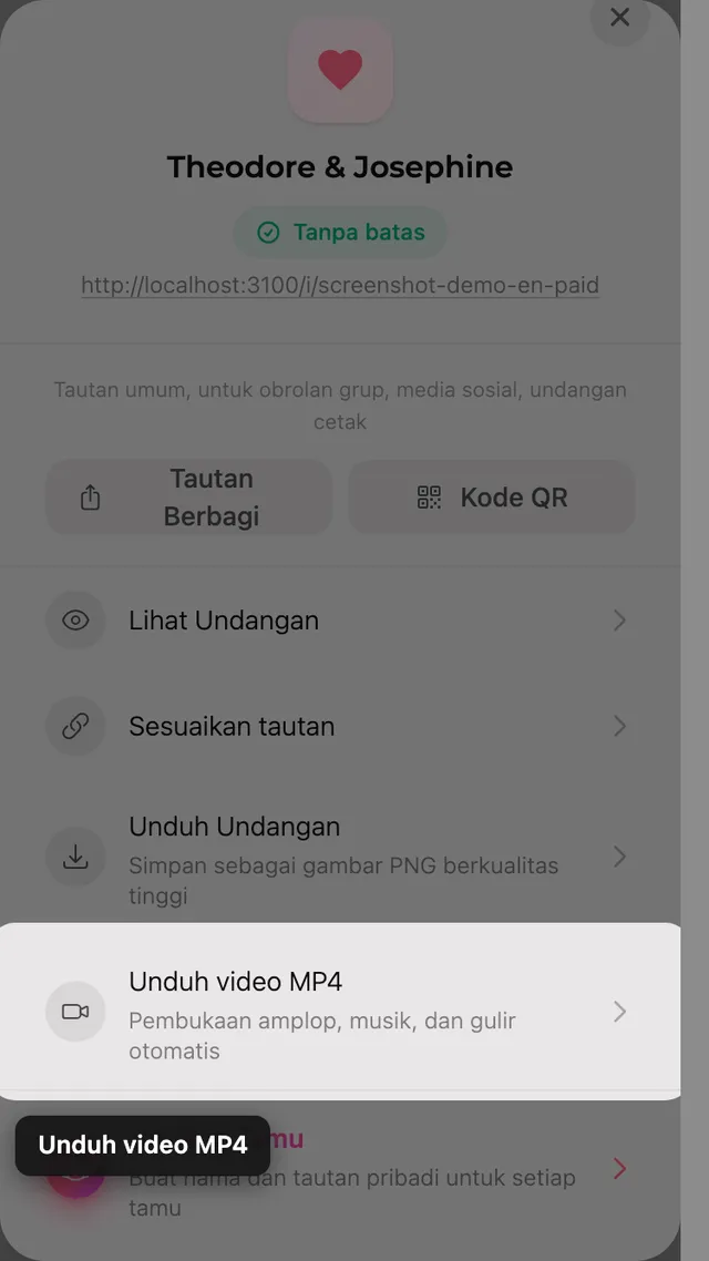 Tombol unduh video MP4 di panel Bagikan