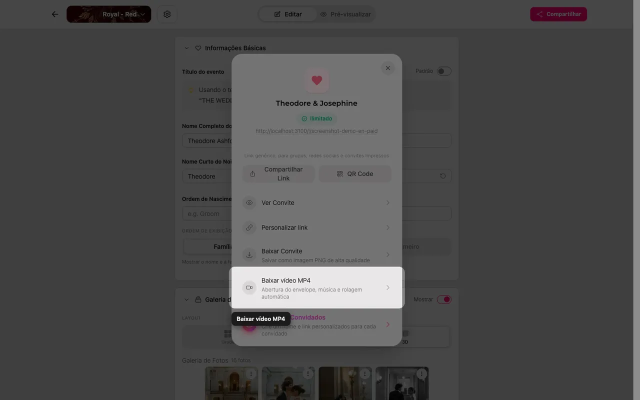 O botão de baixar o vídeo MP4 no painel Compartilhar