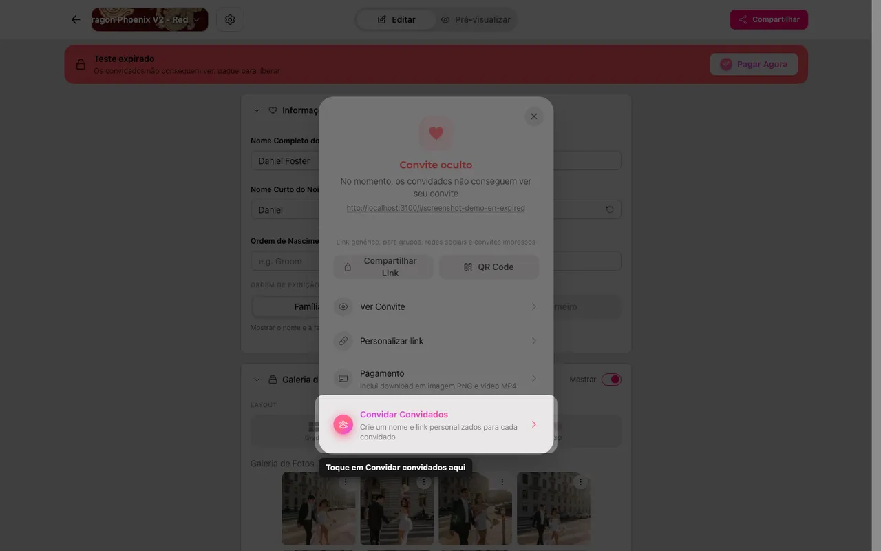 A opção de convidar no painel Compartilhar