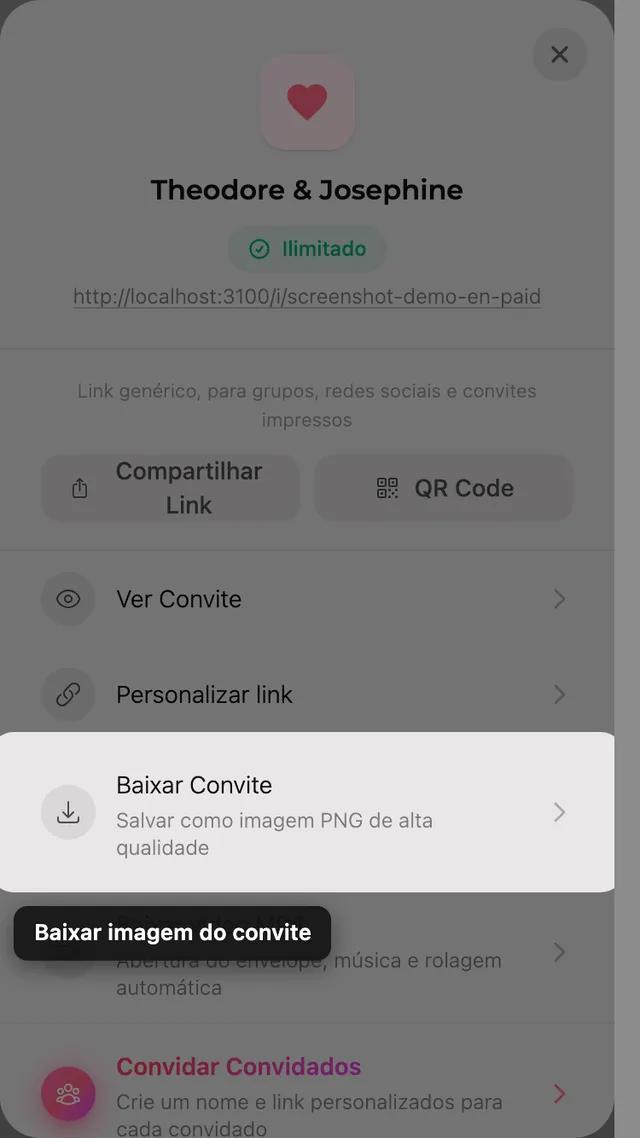 O botão de baixar imagem no painel Compartilhar