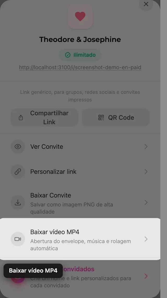 O botão de baixar o vídeo MP4 no painel Compartilhar