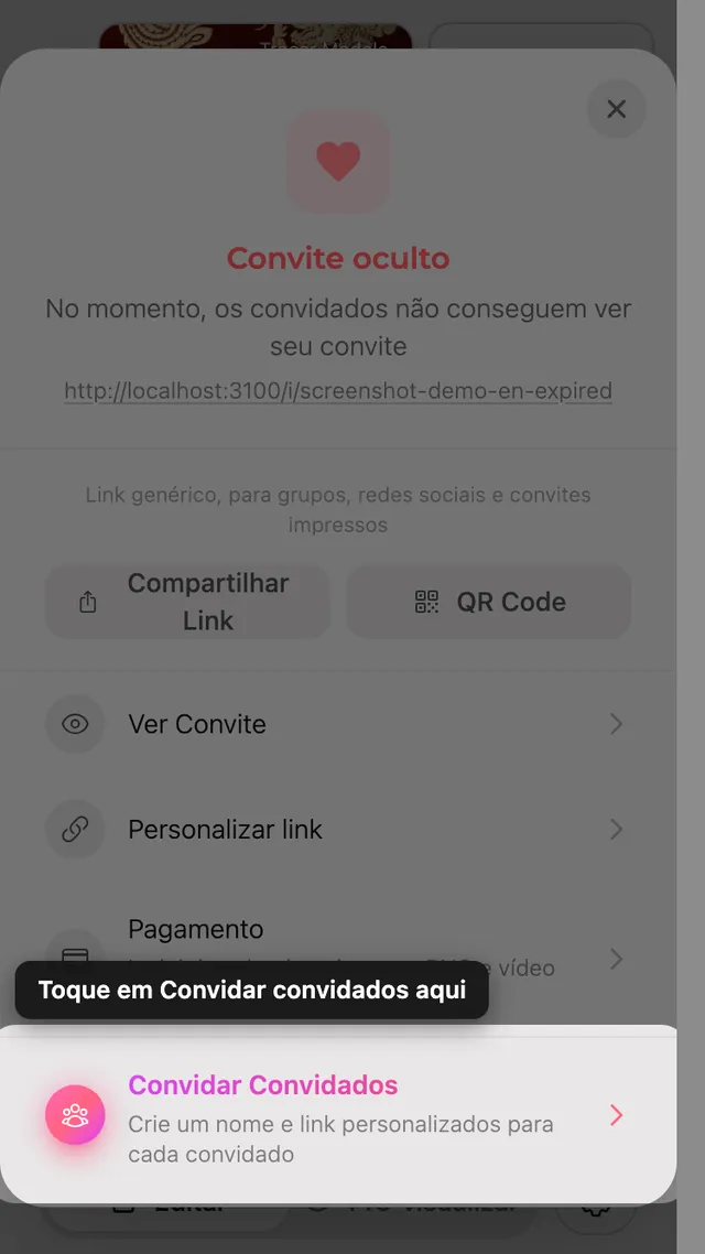 A opção de convidar no painel Compartilhar
