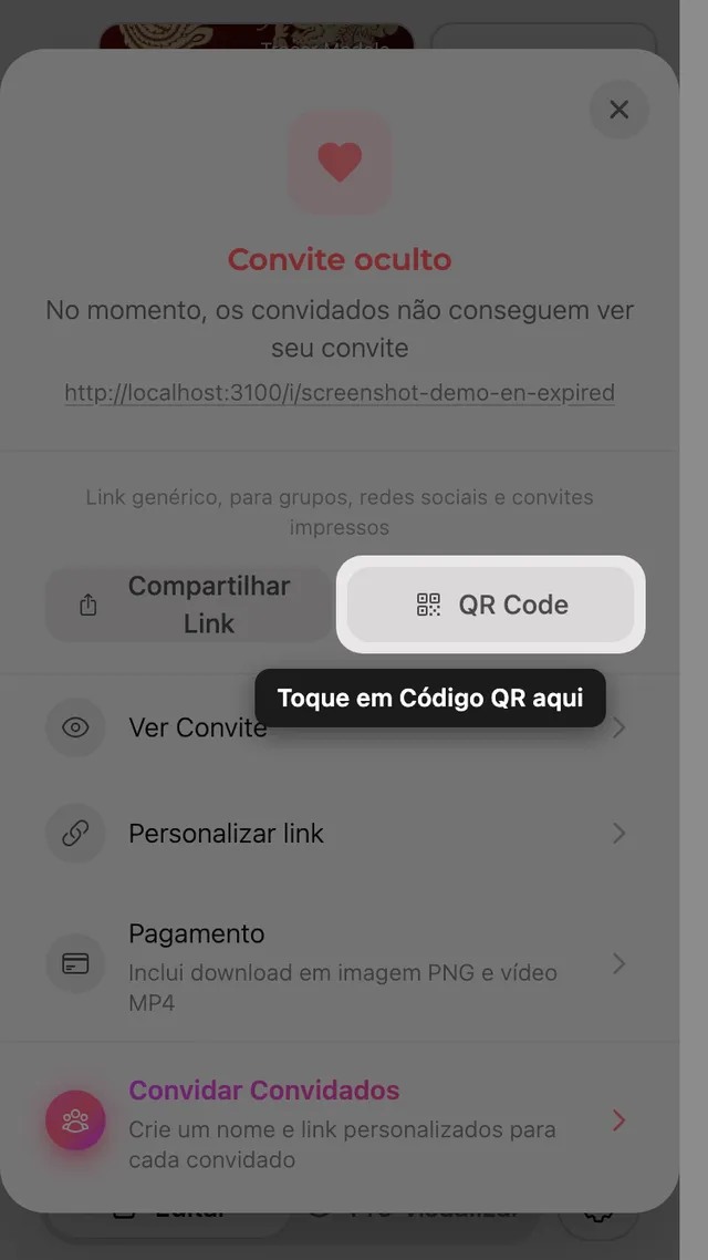 O QR code no painel Compartilhar